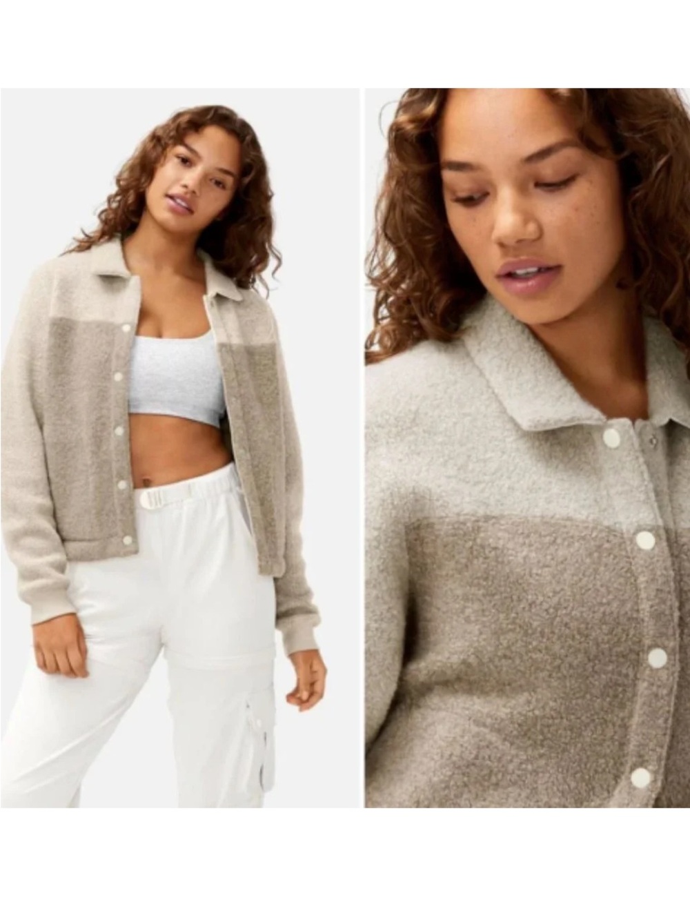 Outdoor Voices Mega Fleece Bomber Snap Jacket Two Tone Outmeal Beige Wool Small